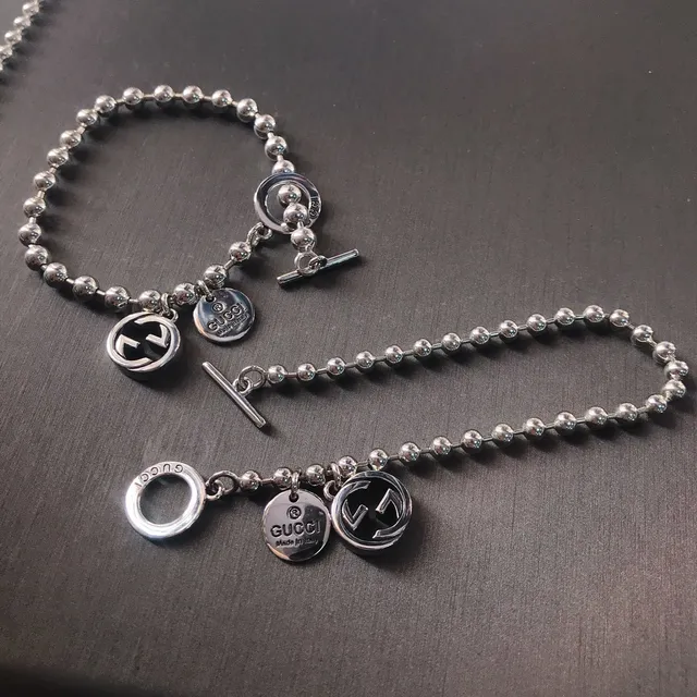 Gucci Interlocking G Silver Ball-Chain Toggle Clasp Bracelet 7