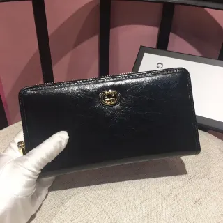 Gucci Interlocking G Zip-Around Black Leather Long Wallet
