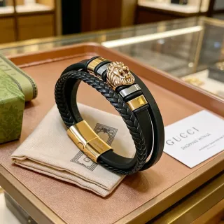 Gucci Lion Head Dual-Strap Black Leather and Braided Cord Bracelet