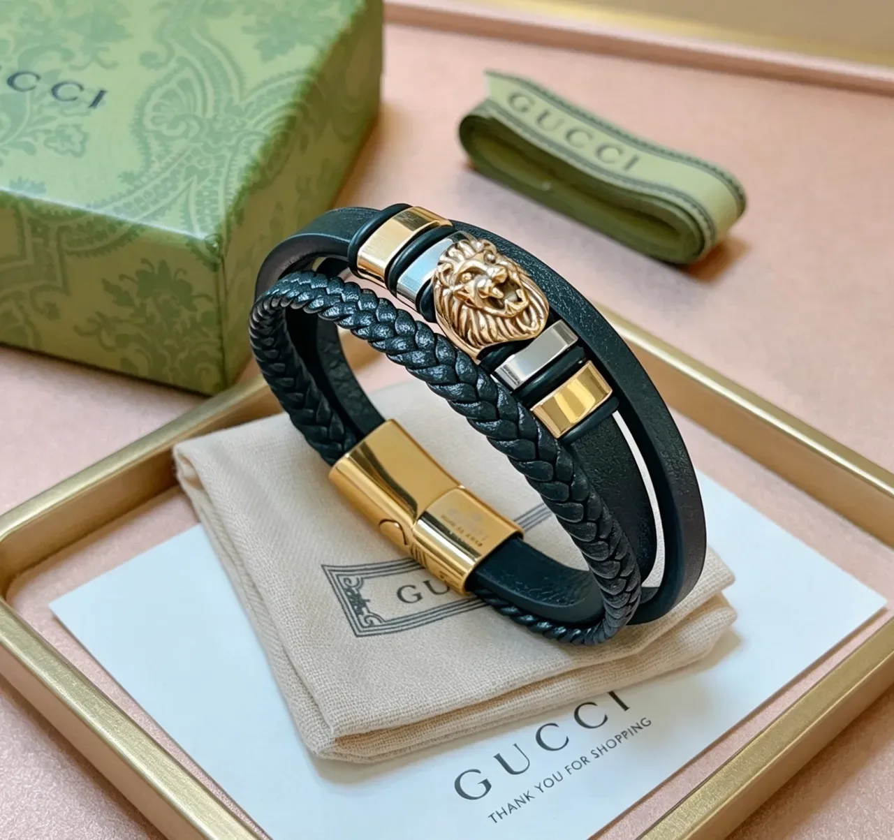 Gucci Lion Head Dual-Strap Black Leather and Braided Cord Bracelet 2