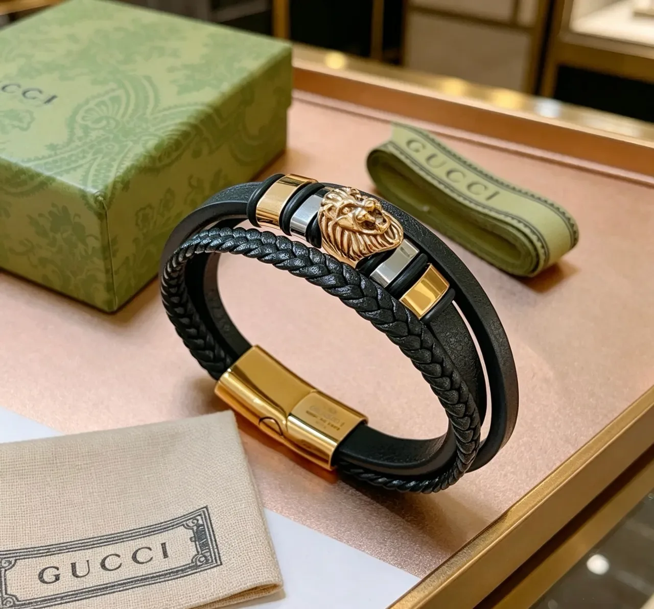 Gucci Lion Head Dual-Strap Black Leather and Braided Cord Bracelet 4