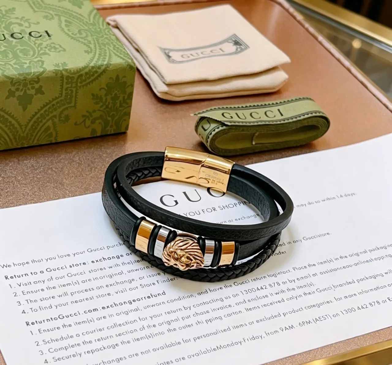 Gucci Lion Head Dual-Strap Black Leather and Braided Cord Bracelet 6