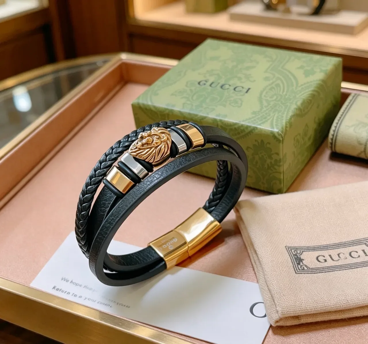 Gucci Lion Head Dual-Strap Black Leather and Braided Cord Bracelet 7