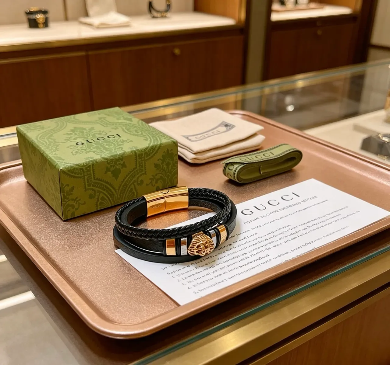 Gucci Lion Head Dual-Strap Black Leather and Braided Cord Bracelet 9