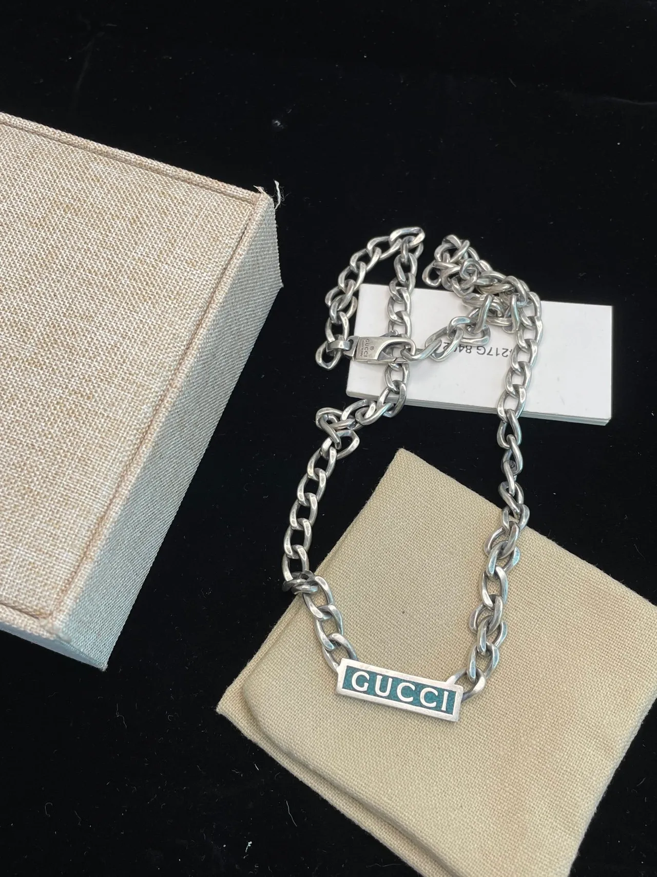 Gucci Logo Bar Enamel Pendant Silver Chain Necklace 2