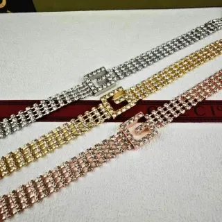 Gucci Marmont Crystal Silver Gold Interlocking G Buckle Leather Belt