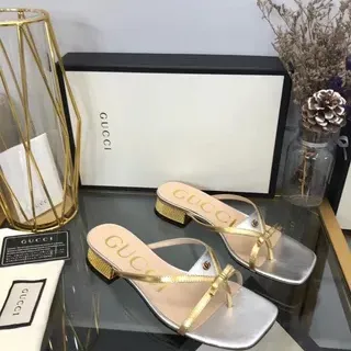 Gucci Metallic Silver and Gold Square-Toe Thong Slide Casual Sandals
