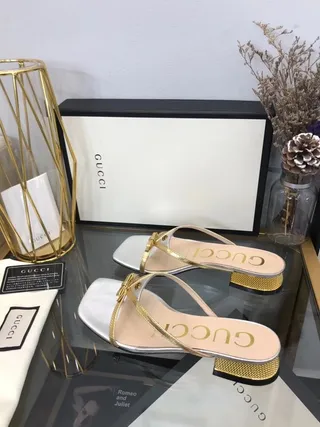Gucci Sandales Métalliques Argent et Or Bout Carré à Bride Décontractées 6