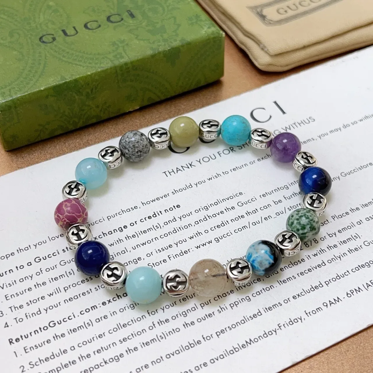 Gucci Multicolor Silver Beaded Gemstone Bracelet 2