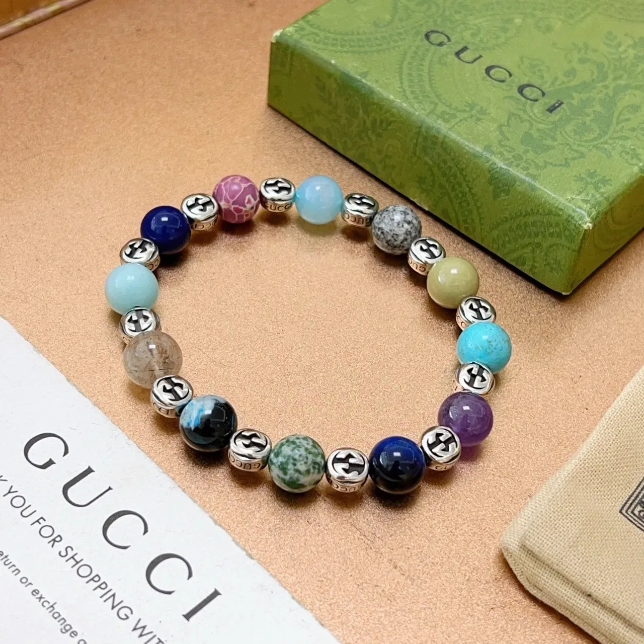 Gucci Multicolor Silver Beaded Gemstone Bracelet 9