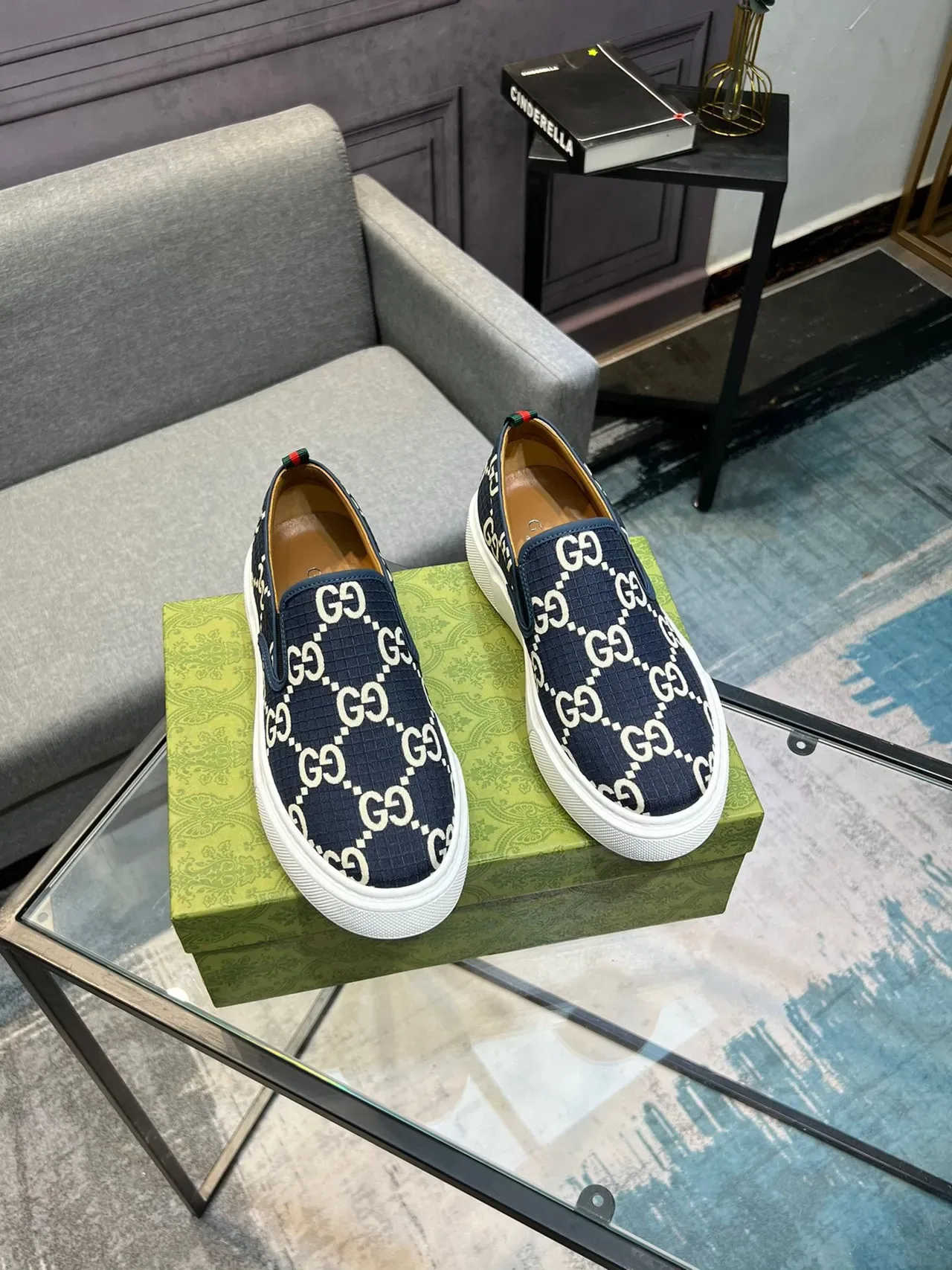 Gucci Navy White Slip-On GG Monogram Print Lifestyle Sneakers 7