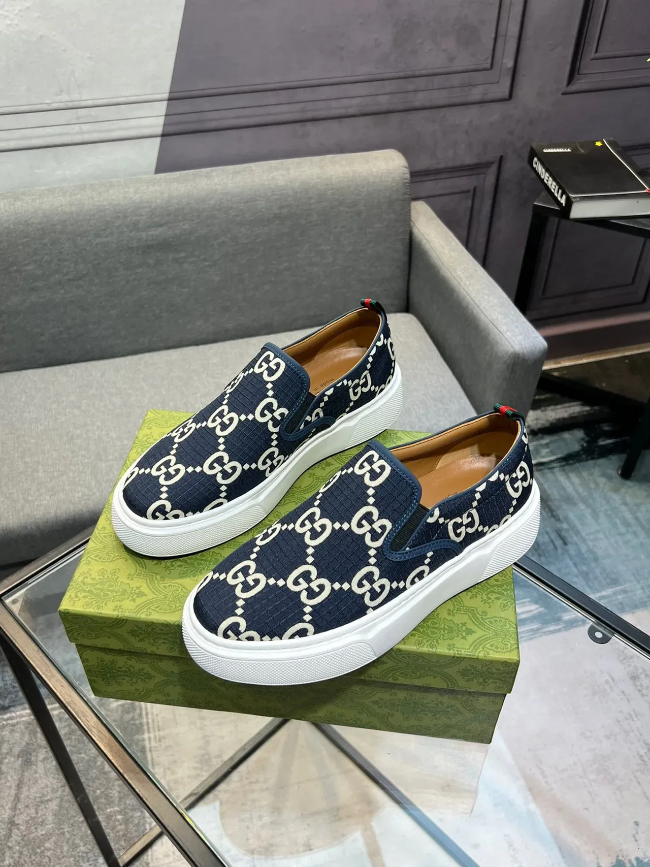 Gucci Navy White Slip-On GG Monogram Print Lifestyle Sneakers 9