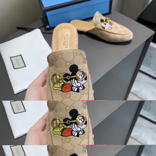 Gucci Ophidia Beige GG Monogram Mickey Mouse Mule Loafer 7