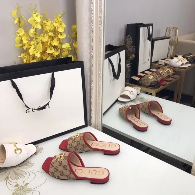 Gucci Ophidia Beige Red Monogram Canvas Gold-Tone GG Hardware Slippers 3