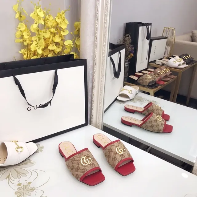 Gucci Ophidia Beige Red Monogram Canvas Gold-Tone GG Hardware Slippers 5