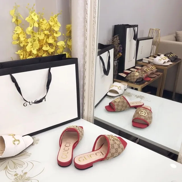 Gucci Ophidia Beige Red Monogram Canvas Gold-Tone GG Hardware Slippers 7
