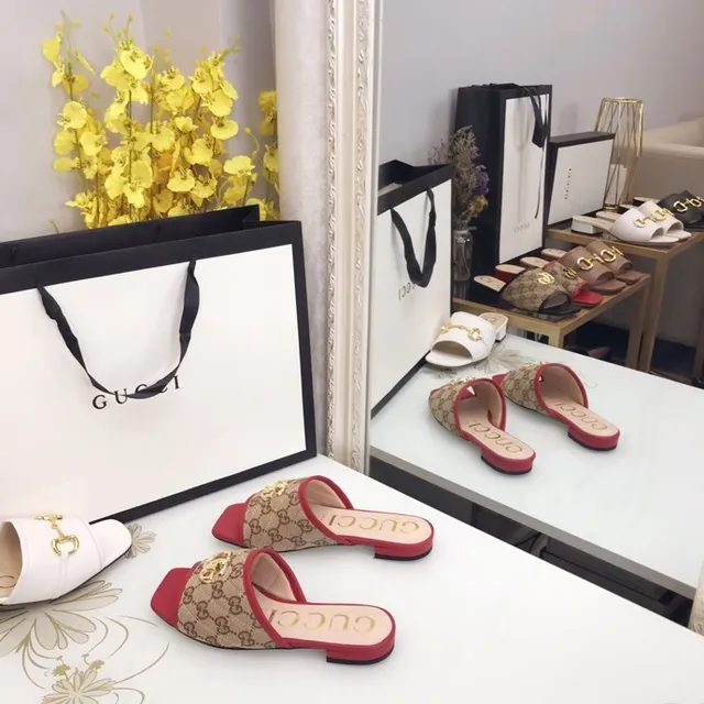 Gucci Ophidia Beige Red Monogram Canvas Gold-Tone GG Hardware Slippers 8