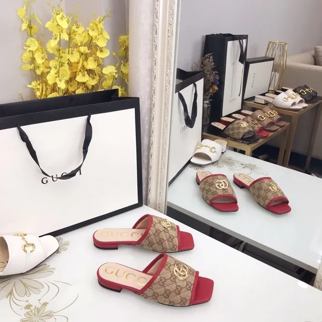 Gucci Ophidia Beige Red Monogram Canvas Gold-Tone GG Hardware Slippers 9