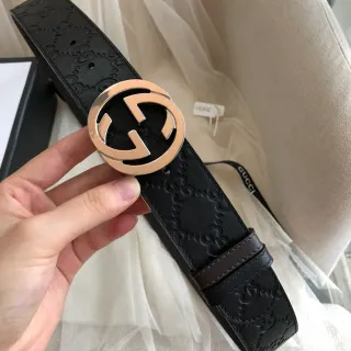 Gucci Ophidia Black Gold Embossed GG Monogram Rose Interlocking G Buckle Leather Belt
