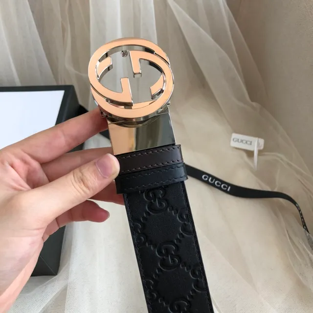 Gucci Ophidia Black Gold Embossed GG Monogram Rose Interlocking G Buckle Leather Belt 2