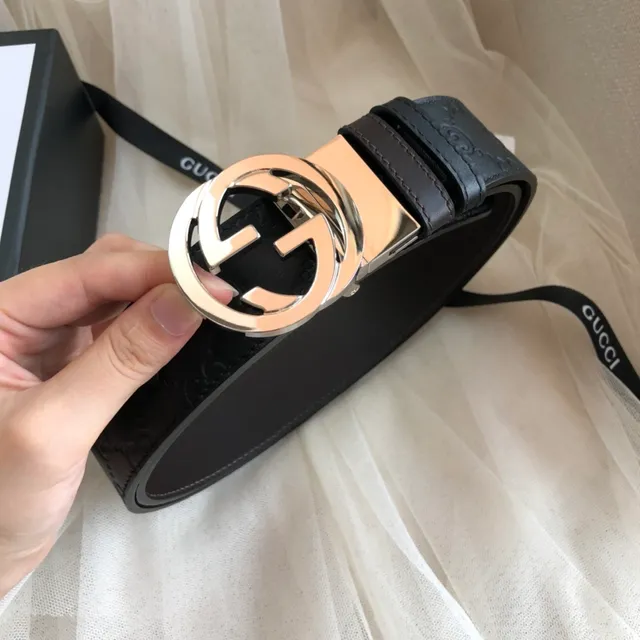 Gucci Ophidia Black Gold Embossed GG Monogram Rose Interlocking G Buckle Leather Belt 3