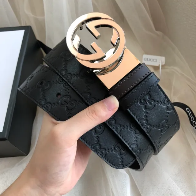 Gucci Ophidia Black Gold Embossed GG Monogram Rose Interlocking G Buckle Leather Belt 4