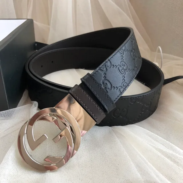 Gucci Ophidia Black Gold Embossed GG Monogram Rose Interlocking G Buckle Leather Belt 5