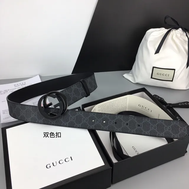 Gucci Ophidia Black Gray GG Monogram Canvas Interlocking G Buckle Leather Belt 2