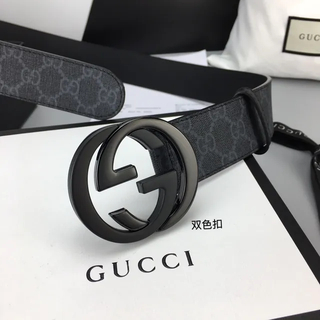 Gucci Ophidia Black Gray GG Monogram Canvas Interlocking G Buckle Leather Belt 3