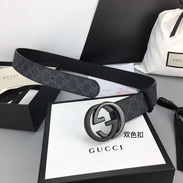 Gucci Ophidia Black Gray GG Monogram Canvas Interlocking G Buckle Leather Belt 4