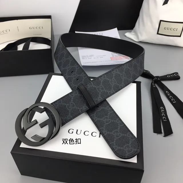 Gucci Ophidia Black Gray GG Monogram Canvas Interlocking G Buckle Leather Belt 6