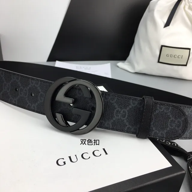 Gucci Ophidia Black Gray GG Monogram Canvas Interlocking G Buckle Leather Belt 9