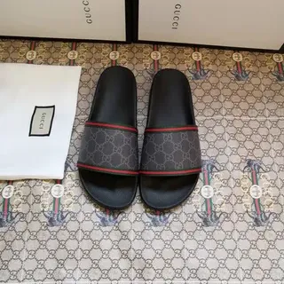 Gucci Ophidia काला भूरा GG Supreme Canvas Strap Web Stripe Trim Slippers