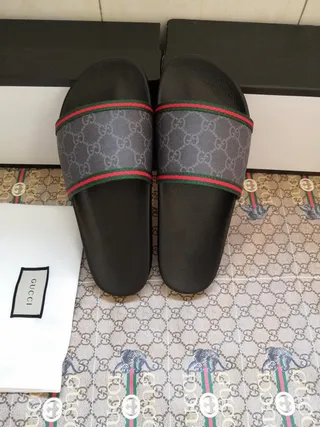 Gucci Ophidia Black Gray GG Supreme Canvas Strap Web Stripe Trim Slippers 2