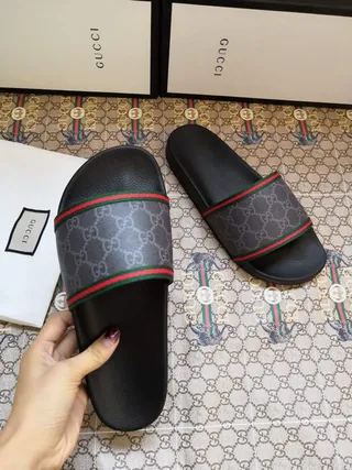 Gucci Ophidia Black Gray GG Supreme Canvas Strap Web Stripe Trim Slippers 3