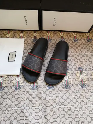 Gucci Ophidia Black Gray GG Supreme Canvas Strap Web Stripe Trim Slippers 4