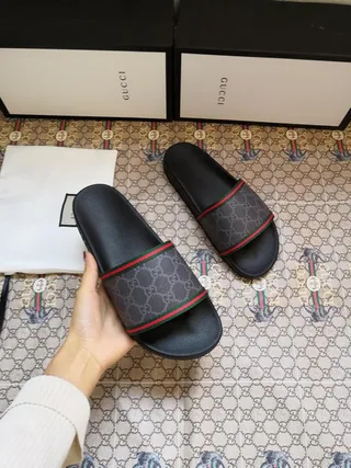 Gucci Ophidia Black Gray GG Supreme Canvas Strap Web Stripe Trim Slippers 5