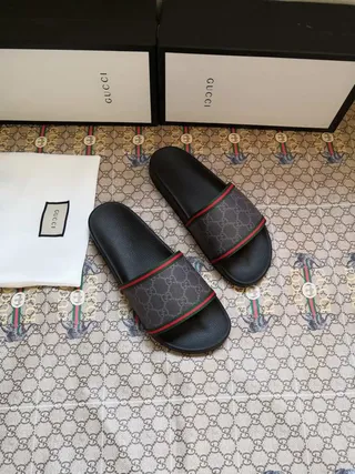 Gucci Ophidia Black Gray GG Supreme Canvas Strap Web Stripe Trim Slippers 6