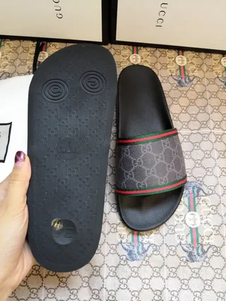 Gucci Ophidia Black Gray GG Supreme Canvas Strap Web Stripe Trim Slippers 7