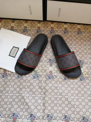Gucci Ophidia Black Gray GG Supreme Canvas Strap Web Stripe Trim Slippers 9
