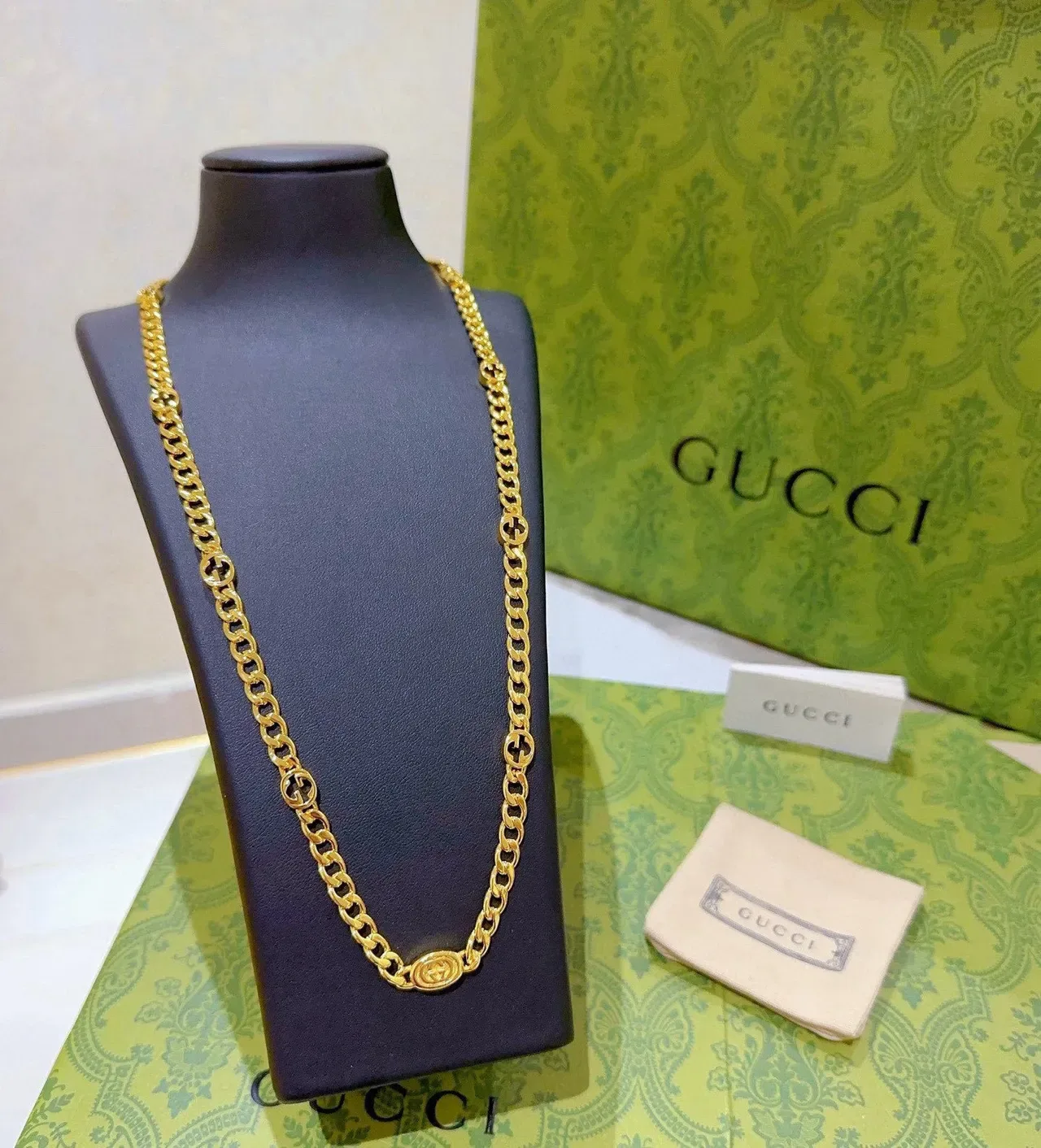 Gucci Ophidia Corrente Curb-Link Dourado Preto Interlocking G Motif Colar 9