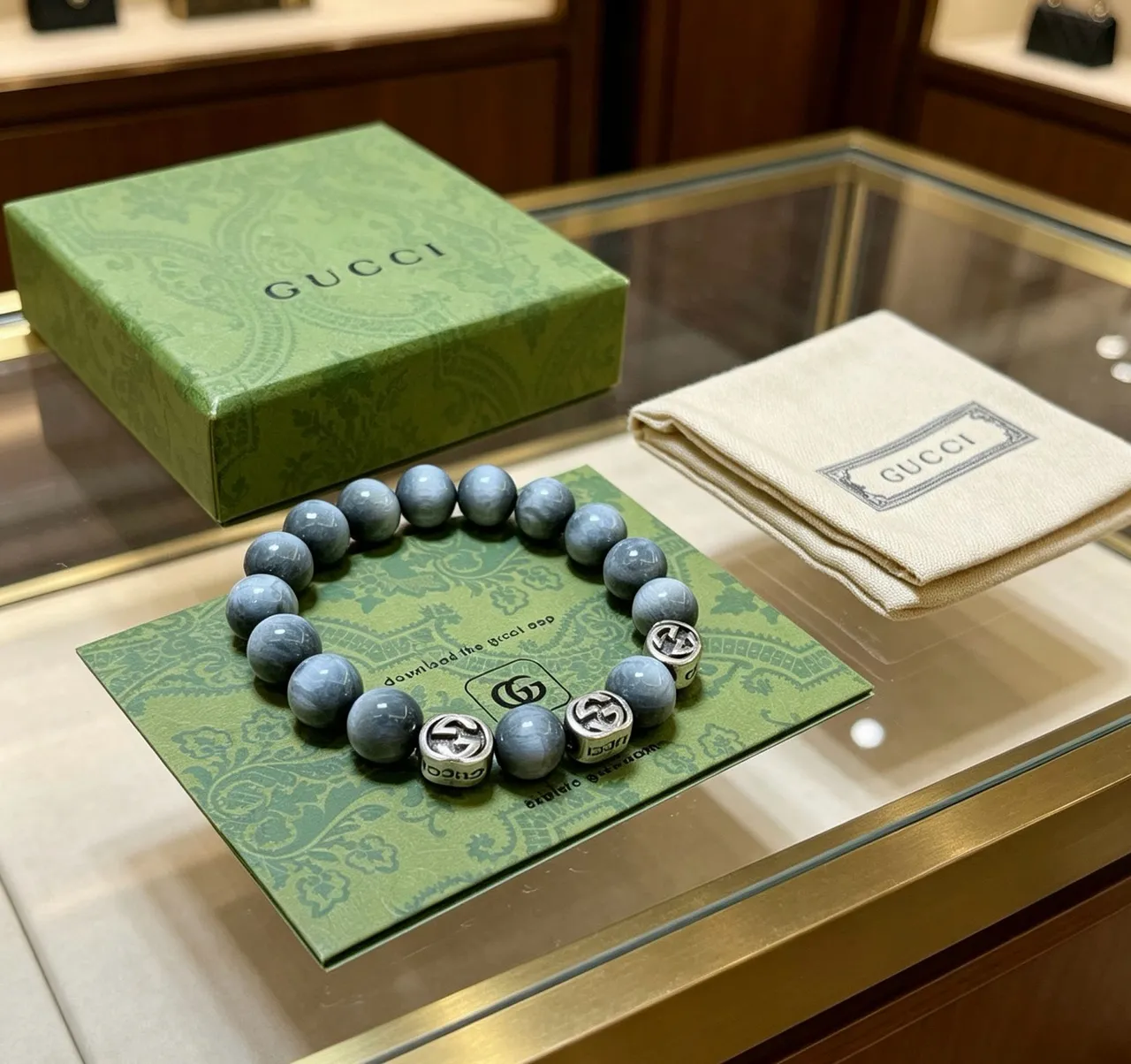 Gucci Ophidia Gray Silver Marbled Stone Beads Interlocking G Charms Bracelet 4
