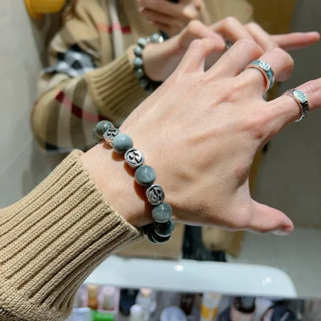 Gucci Ophidia Gray Silver Marbled Stone Beads Interlocking G Charms Bracelet 5