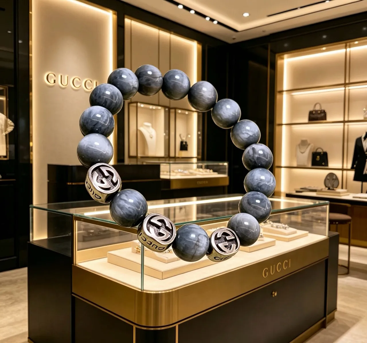 Gucci Ophidia Gray Silver Marbled Stone Beads Interlocking G Charms Bracelet 6