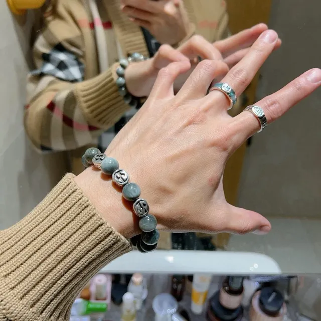 Gucci Ophidia Gray Silver Marbled Stone Beads Interlocking G Charms Bracelet 8