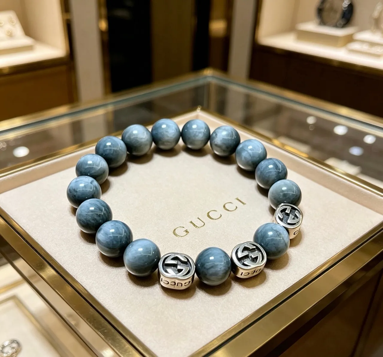 Gucci Ophidia Gray Silver Marbled Stone Beads Interlocking G Charms Bracelet 9