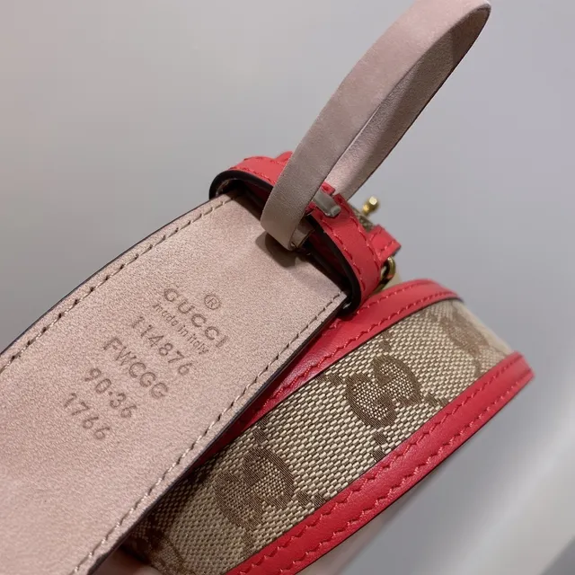 Gucci Ophidia Red Beige GG Monogram Canvas Trim Leather Belt 2