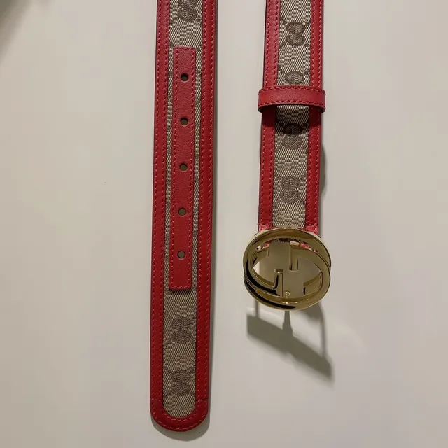 Gucci Ophidia Red Beige GG Monogram Canvas Trim Leather Belt 3