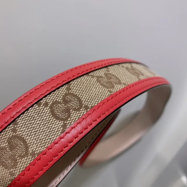 Gucci Ophidia Red Beige GG Monogram Canvas Trim Leather Belt 4