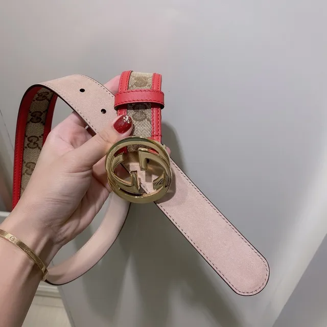 Gucci Ophidia Red Beige GG Monogram Canvas Trim Leather Belt 5